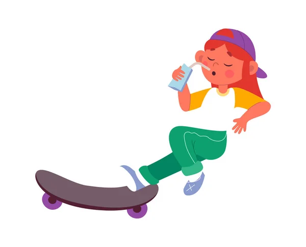 Fröhliches Kind Reiten Auf Skateboard Vektor Flache Illustration Holz Skateboard — Stockvektor