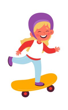 Neşeli çocuk kaykay vektörü düz illüstrasyon tahta kaykay sürüyor.