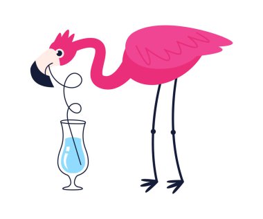 Flamingo karakteri kokteyl içer. Vektör illüstrasyonu