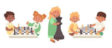 Çocuklar satranç unsurları seti. Mutlu oğlanlar ve kızlar satranç tahtasında kral, kraliçe ve pati figürleriyle satranç oynuyorlar. Renk tasarımı çizimleri