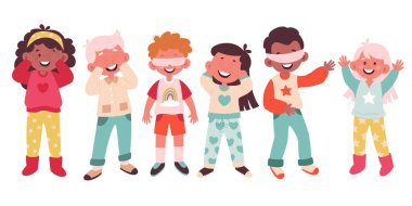 Çocuklar saklambaç oynar. Oyun oynayan komik çocuklar. Gözlerini kapat ve devam et. Oyuncular saklanır. Renk tasarımı ögeleri