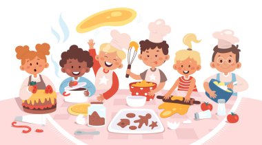 Kids cooking illustrations. Happy children prepare cake, soup and biscuits. Boys and girls in chef hat. Kitchen utensil and cooking process clipart