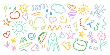 Doğrusal çocuklar tasarım elementleri çizerler. Güneş, kalp, kurbağa, kaplumbağa, çiçek, yıldız, taç, çilek ve karpuz. Çağdaş renkli çizimler