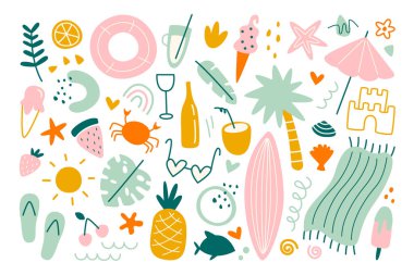 Soyut yaz elementleri düz çizimler. Yengeç, balık, kokteyl içecekleri, tropikal yaprak, meyve ve dondurma. Şekil Tasarımları