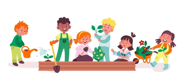 Enfants Jardinage Plat Illustrations Ensemble Les Garçons Les Filles Mignons — Image vectorielle