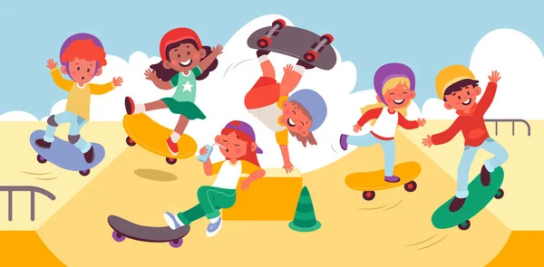 Kinderen Skate Platte Illustraties Set Grappige Kinderen Doen Trucjes Skateboard — Stockvector
