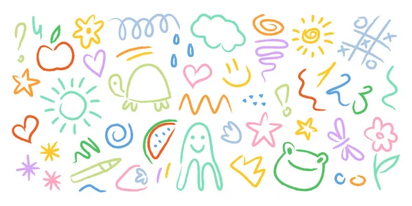 Crianças Lineares Desenhos Elementos Design Doodle Artes Sol Coração Sapo — Vetor de Stock