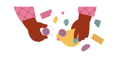 Küçük çocuk elleri oyuncak arabayı tamir eder. Vektör illüstrasyonu