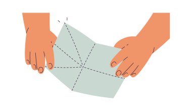 Küçük çocuk eller origami kağıtlarını katlıyor. Vektör illüstrasyonu