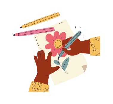 Küçük çocuk elleri kartpostalda çiçek boyuyor. Vektör illüstrasyonu