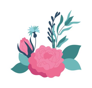 Gül ve yeşil dallı çiçek aranjmanları. Vektör illüstrasyonu