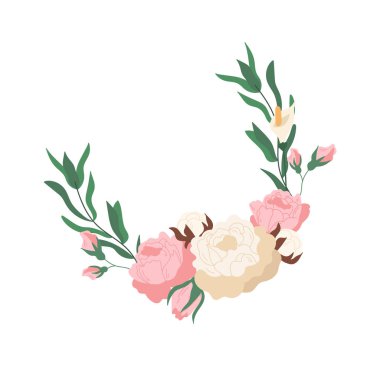 Gül ve yeşil dallı çiçek aranjmanları. Vektör illüstrasyonu