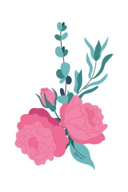 Gül ve yeşil dallı çiçek aranjmanları. Vektör illüstrasyonu