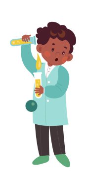 Kimya deneyinde test tüpleri kullanan bir çocuk. Vektör illüstrasyonu