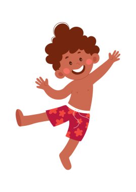 Kumsalda mayo giyen mutlu çocuk. Vektör illüstrasyonu