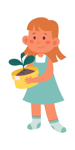 Mädchen Helfen Kindern Mit Zimmerpflanze Vektorillustration — Stockvektor