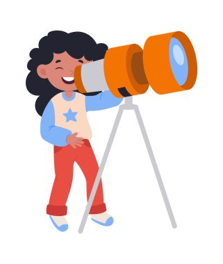 Teleskop Astronomisi 'ne bakan tatlı bir kız. Vektör illüstrasyonu