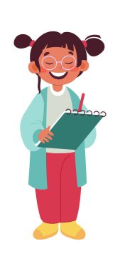 Not defterine not alan komik kız. Vektör illüstrasyonu