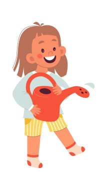 Çiçekleri sulayan yardımcı çocuk. Vektör illüstrasyonu