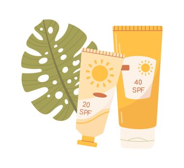 Yaprak kaplamalı güneş koruyucu kremler. Vektör illüstrasyonu