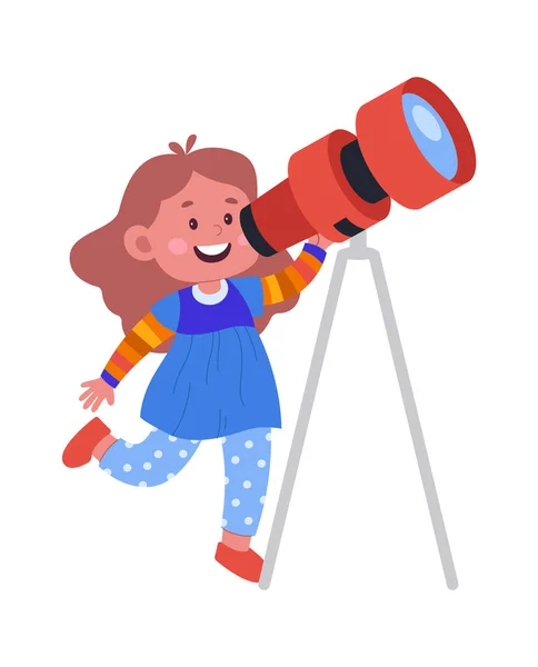 Симпатичная Девушка Изучающая Астрономию Телескопа Векторная Иллюстрация — стоковый вектор