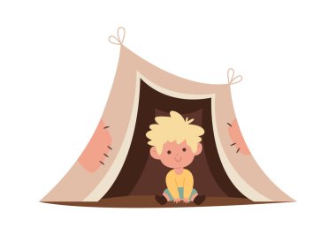 Çocuk çadır taşıyıcı illüstrasyonunda oynuyor
