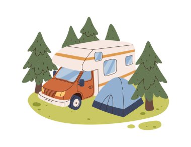 Forest Vector Illustration 'da çadırlı bir kamp arabası.