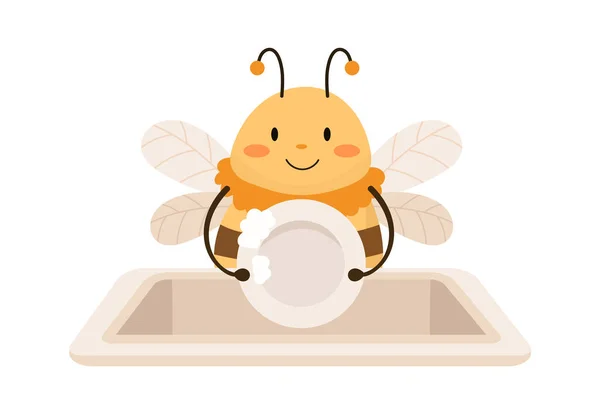 Bee Washing Dishes Vector Illustration — Stock Vector