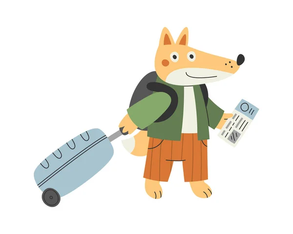 Fox Toerist Met Koffer Ticket Vector Illustratie — Stockvector