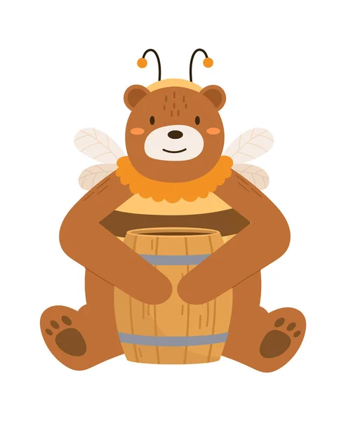 Urso Com Asas Sentado Segurando Barril Vector Ilustração —  Vetores de Stock