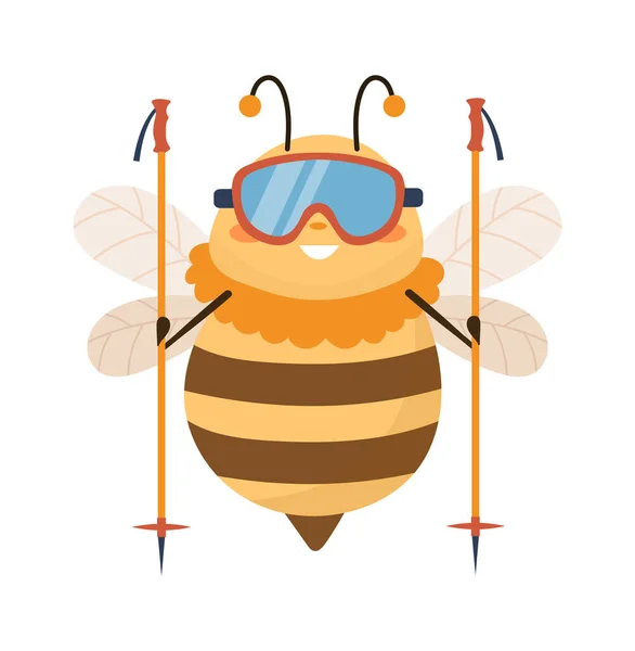 Biene Mit Skistöcken Und Skibrille Vektor Illustration — Stockvektor