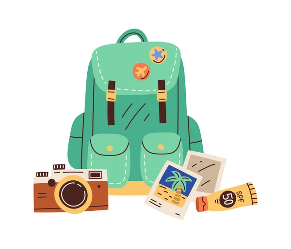 Skład Elementów Podróży Plecak Turystyczny Kamera Wektor Ilustracja — Wektor stockowy