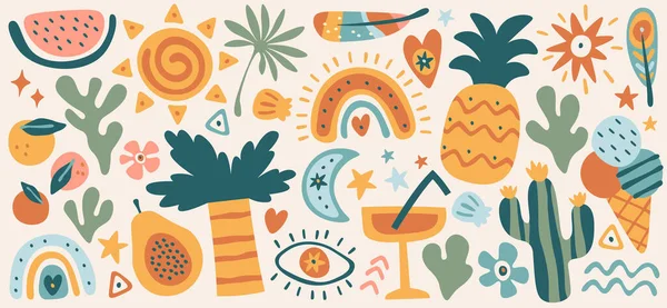 Hand drawn boho summer flat illustrations set. Driwings of cocktail, decorative feathers, palm trees, shells, fruits and ice cream balls. Seasonal elements