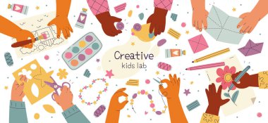 Creative children hands flat illustrations set. Small hands cutting paper, creating accessory, holding brush and doing origami. Hobby and leisure activity. Handmade design elements clipart