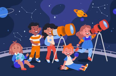 Çocuk astronomisi düz çizimler seti. Mutlu çocuklar kozmozu ve gezegenleri teleskopla keşfeder. Yıldızlı gece ve takımyıldızları. Bilim tasarım elementleri