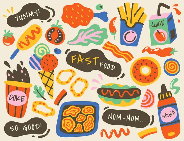 Ručně Kreslené Abstraktní Rychlé Občerstvení Ilustrace Hot Dog Kobliha Cibulové — Stockový vektor