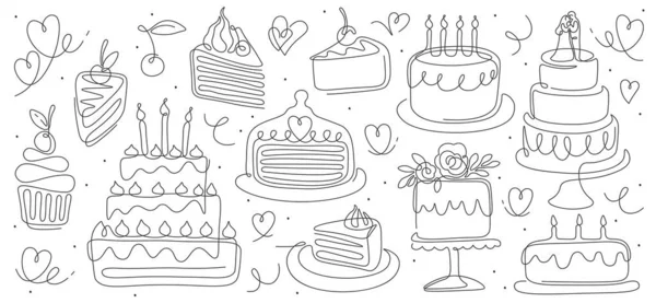 Torte Compleanno Linea Art Arti Continue Panetteria Cupcake Con Panna — Vettoriale Stock