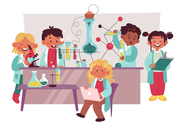 Kinder Chemie Flache Illustrationen Set Nette Mädchen Und Jungen Experimentieren — Stockvektor