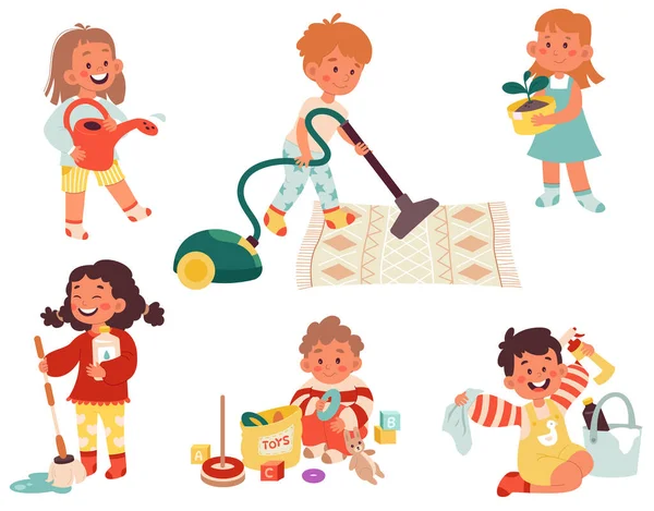 Детям Помогают Плоские Иллюзии Смешные Девочки Мальчики Чистят Дом Пылесосом — стоковый вектор