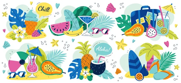 Letní Skladby Ploché Ilustrace Dovolená Pláži Ovoce Tropické Stromy Květiny — Stockový vektor