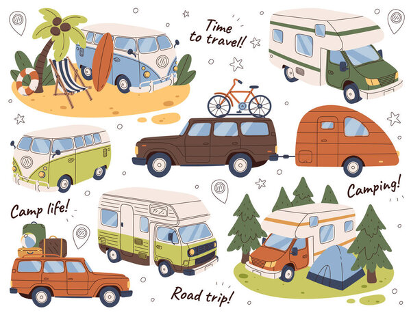 У автомобилей плоские иллюзии. Фургоны с чемоданами, доской для серфинга и велосипедом. Лагерь рядом с пляжем и элементами оформления леса. Иконки цвета транспорта
