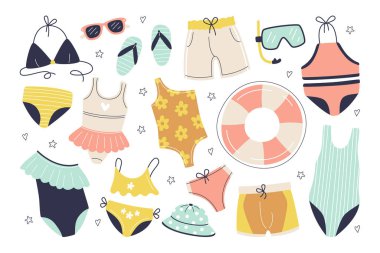 Çocuklar düz çizim mayo giyer. Yüzmek için iç çamaşırı. Kızlar ve erkekler için tek parça mayo, bikini, sutyen ve külot. Can simidi, şapka, güneş gözlüğü ve dalış gözlükleri. Tasarım ögeleri