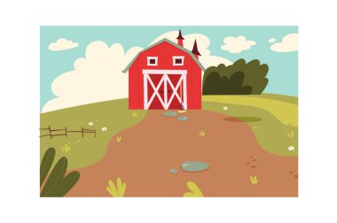 Çiftlik Evi Kırsal Arkaplan Vektörü İllüstrasyonu