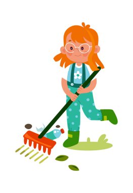 Çöp toplayan bir kız tırmık vektörü illüstrasyonuyla
