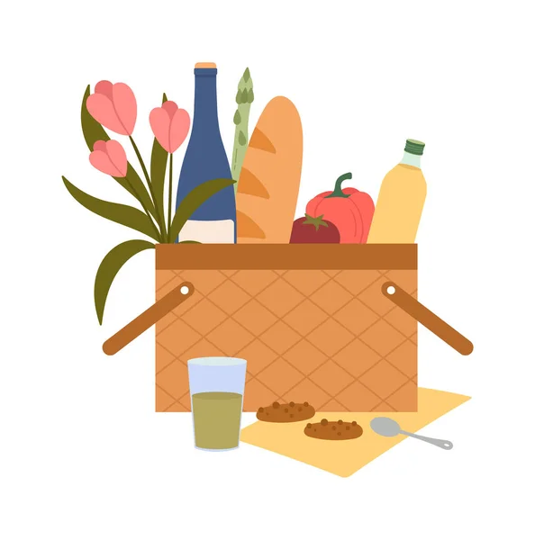 Piknik Kosár Élelmiszerekkel Virágokkal Vektor Illusztráció — Stock Vector