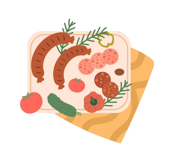 Sausages And Vegetables On Board Vector Illustration