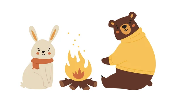 Rabbit Bear Warming Vector Illustration — Stock Vector