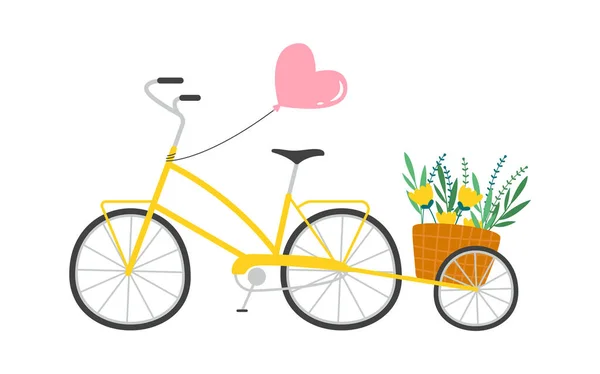 Fahrrad Mit Luftballon Und Blumenvektorillustration — Stockvektor