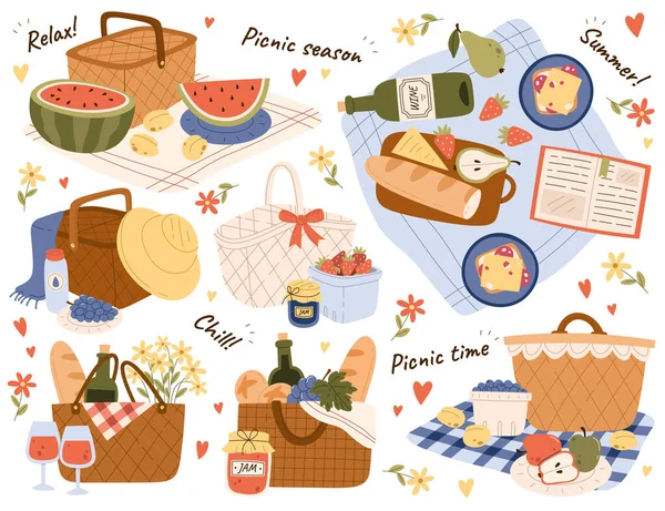 Piknik Elemek Illusztrációk Készlet Finom Nasi Friss Gyümölcsök Pékség Dzsem — Stock Vector
