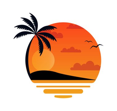 Palm on Beach Gündoğumu Rozet Vektörü İllüstrasyonu